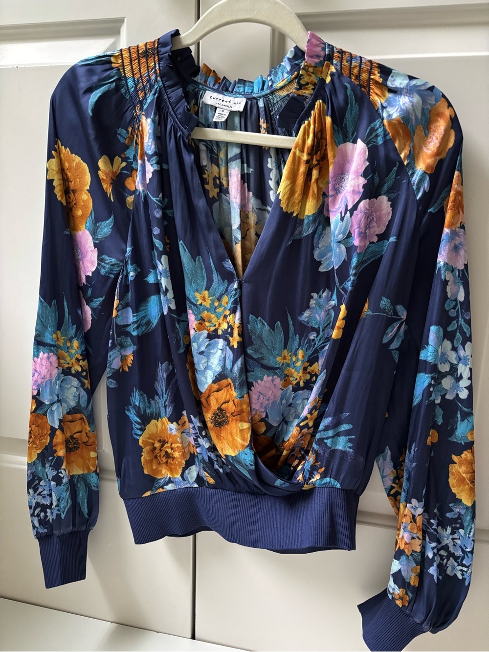 Current Air Navy Floral Surplice Blouse with Yellow & Pink Blooms